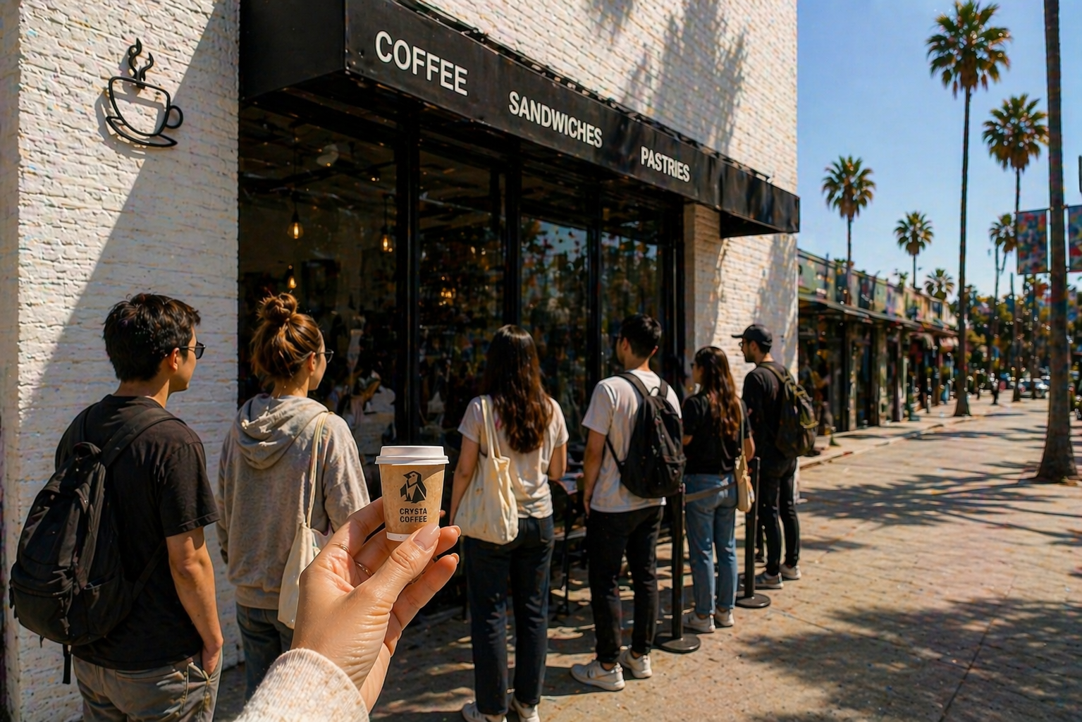 Long line outside a coffee shop, hand holding a tiny Crysta cup